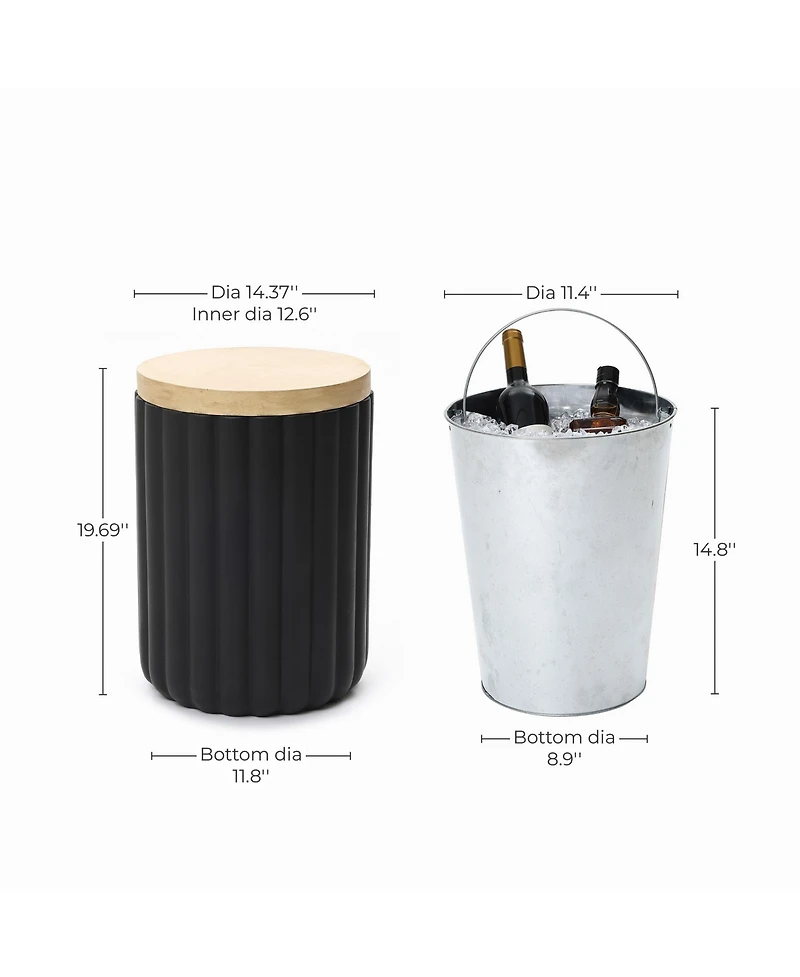 LuxenHome Fluted Round Patio Side Table with Removable Lid & Galvanized Metal Ice Bucket