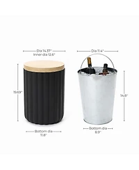 LuxenHome Fluted Round Patio Side Table with Removable Lid & Galvanized Metal Ice Bucket