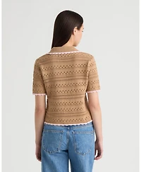 Nvlt Women's Button Front Crochet Sweater with Contrast Edge