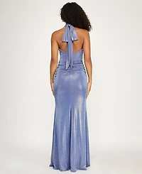 City Studios Women's Halter Sweetheart Glitter Pleated Maxi Dress