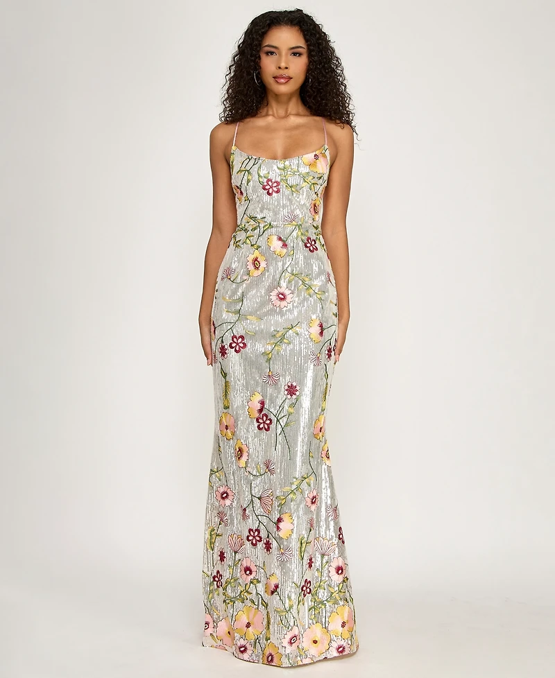 City Studios Women's V-Neck Floral Embroidered Sequin Maxi Dress