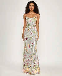 City Studios Women's V-Neck Floral Embroidered Sequin Maxi Dress