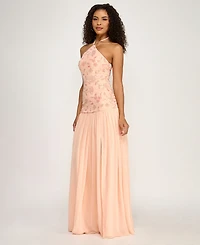 City Studios Women's Halter Sequin Chiffon Maxi Dress