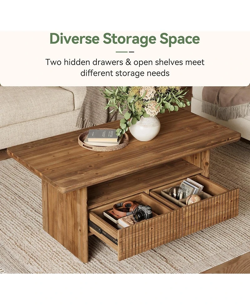 Tribesigns 2-Tier Solid Wood Coffee Table with 2 Drawers, 47.24" Rustic Rectangle Center Tea Table for Living Room with Open Shelf Storage