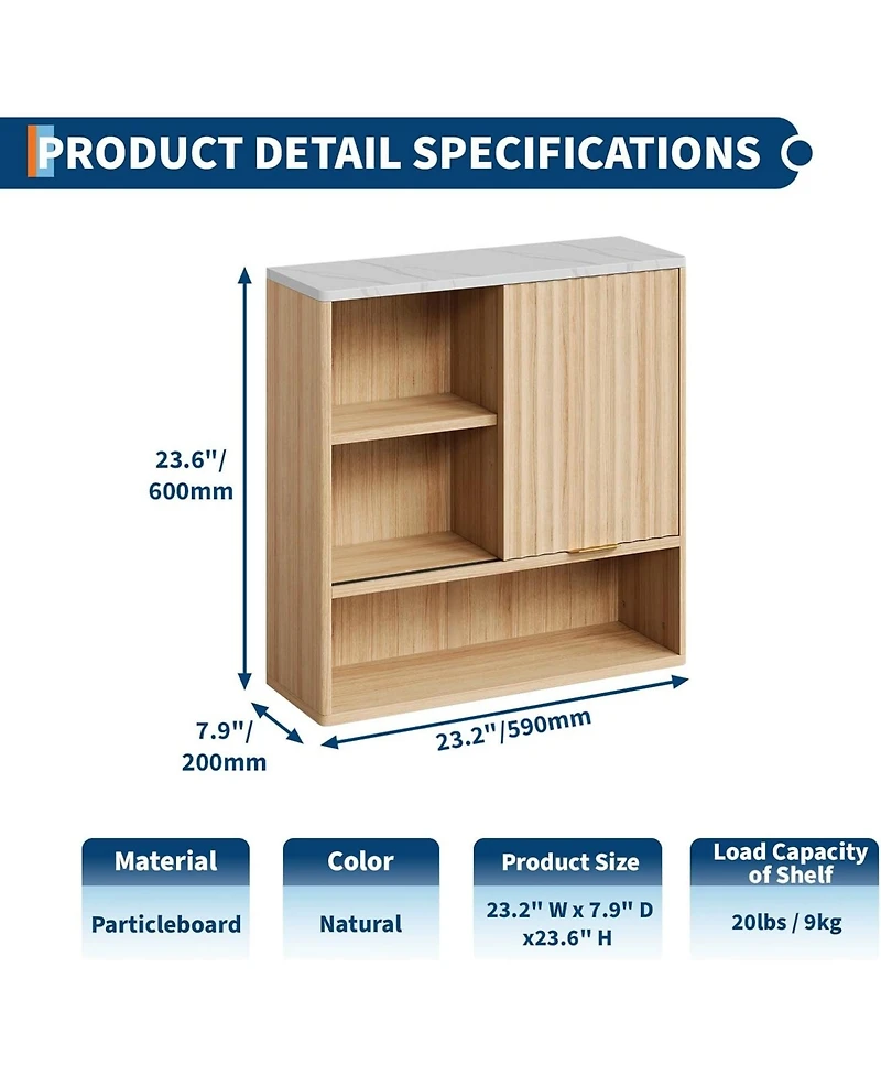 gaomon Fluted Bathroom Wall Cabinet with Sliding Door, Faux Marble Top, Adjustable Shelf & Open Storage, Curved Profile