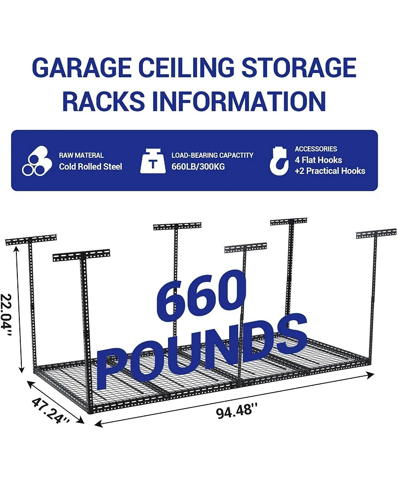 gaomon 4x8 ft Overhead Garage Storage Rack, Height Adjustable Metal Ceiling Rack, 660 Lbs Capacity, 6 Vertical Posts