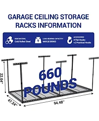 gaomon 4x8 ft Overhead Garage Storage Rack, Height Adjustable Metal Ceiling Rack, 660 Lbs Capacity, 6 Vertical Posts