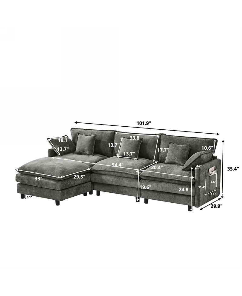 Boyel Living 101.9 Inch Chenille 3-Seater Sofa with Movable Ottoman, Modular Cloud Couch