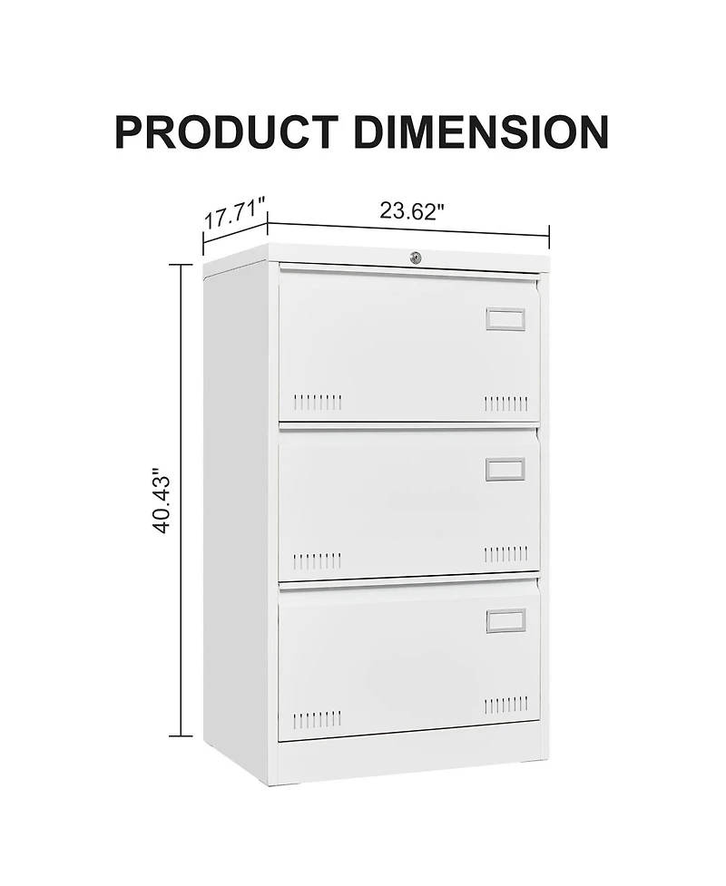 Rainsken 3 Drawer Lateral File Cabinet, Locking Metal File Cabinet, Wide Filing Organization Cabinet for Letter/Legal/F4/A4