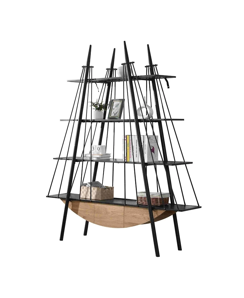 Rainsken Sailboat-Inspired Bookshelf, 4-Tier Open Storage Shelf, Freestanding Display Rack with Drawer for Living Room, Home Office