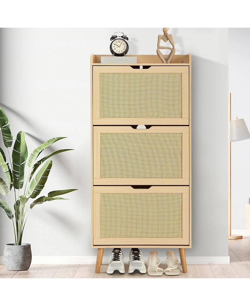 gaomon Narrow Entryway Shoe Bench, 3 Flip Drawers with Woven Rattan Front, Space-Saving Design