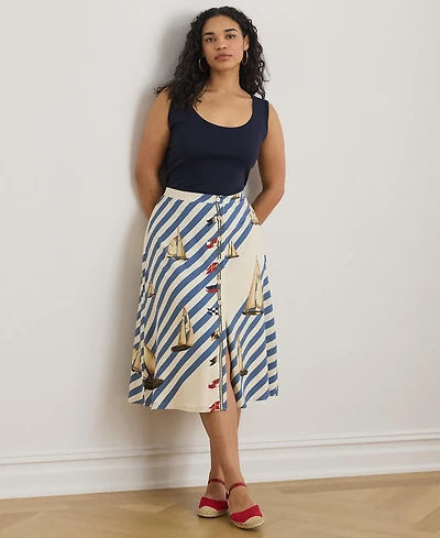 Lauren Ralph Plus Striped Sailboat Print Skirt