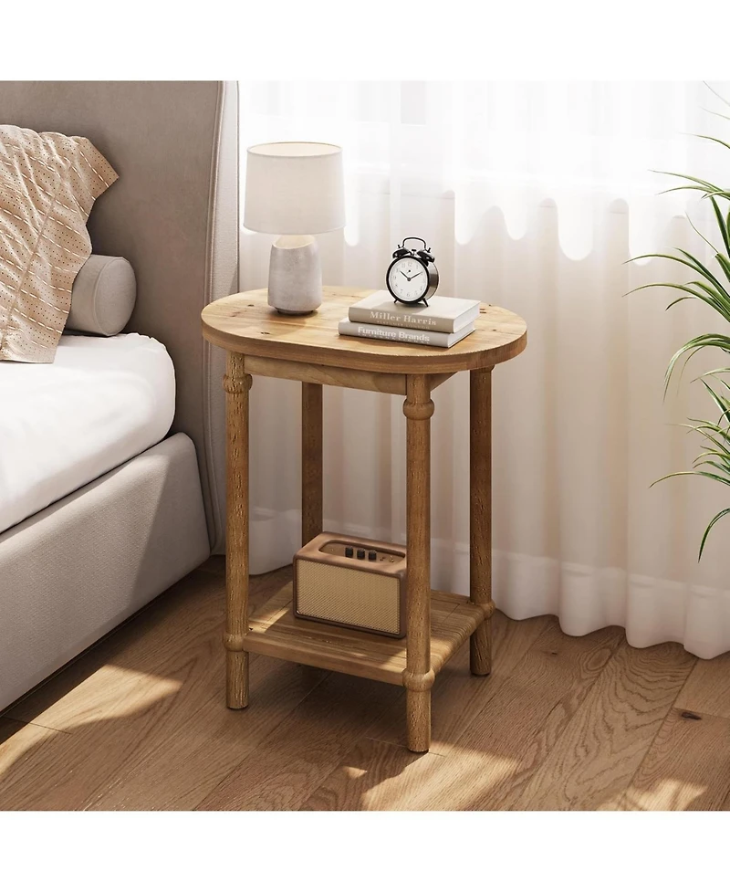 Tribesigns Oval Side Table, Farmhouse End Table with Storage Shelves, Solid Wood Nightstand for Small Spaces, Living Room, Bedroom