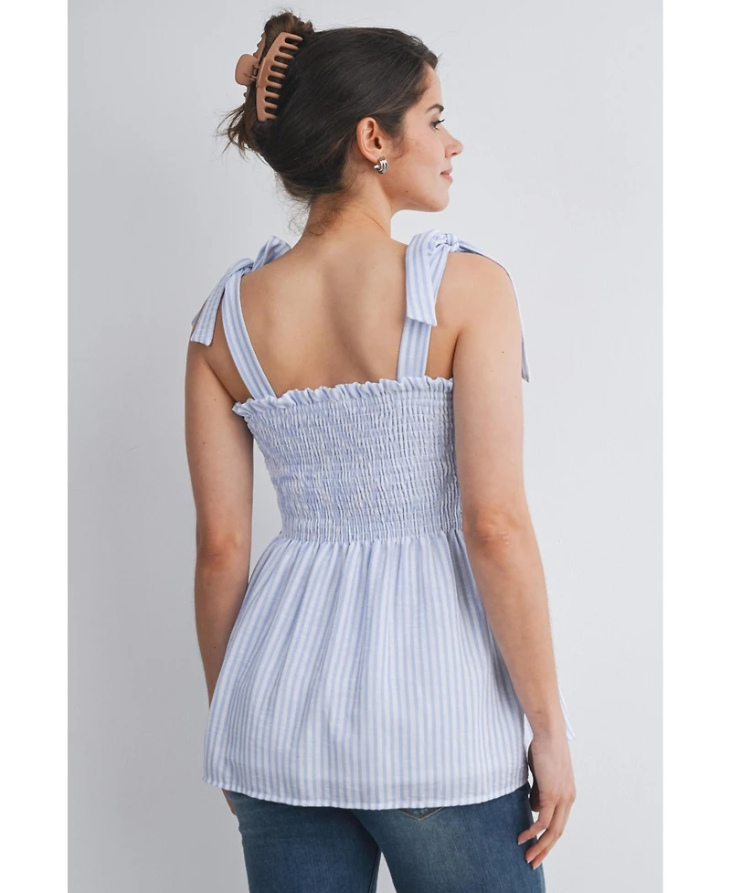 Hello Miz Maternity Striped Smocked Square Neck Tie Strap Top