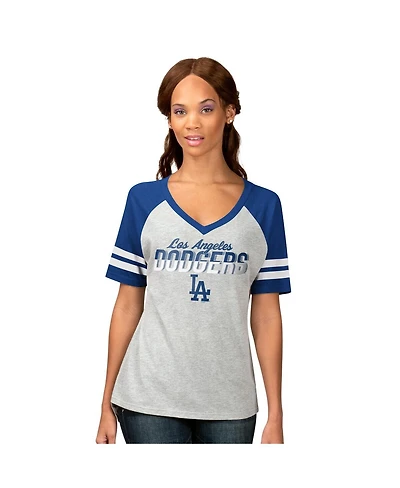 G-iii 4Her by Carl Banks Women's Heather Gray Los Angeles Dodgers Goal Line Raglan V-Neck T-Shirt