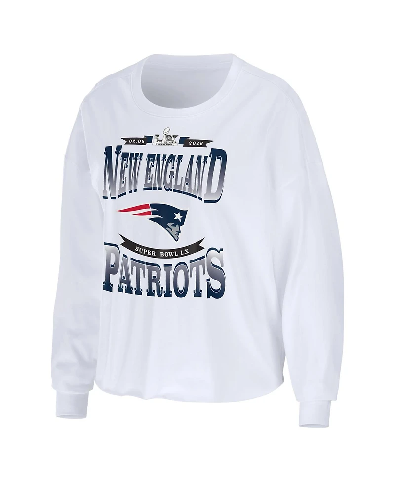 Wear by Erin Andrews Women's White New England Patriots Super Bowl Lx Cropped Long Sleeve T-Shirt
