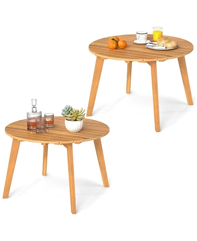 Gymax 2PCS Outdoor Acacia Wood Side Table Patio 24.5'' Round End Table w/ Slatted Tabletop