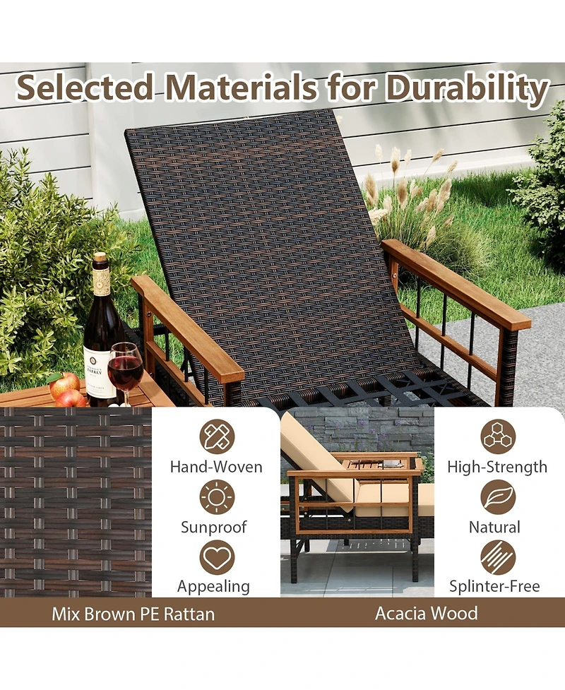 Gymax Set of 2 Patio Rattan Chaise Lounge Outdoor Reclining Lounger Chair w/ Wood Armrests