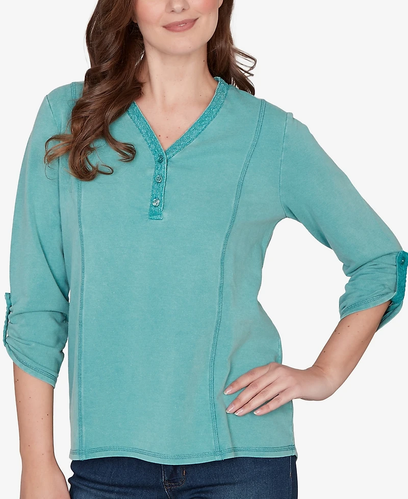 Ruby Rd. Petite Lace Applique French Terry Top