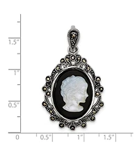 Curata Jewelry 925 Sterling Silver Marcasite, Agate and Simulated Mother of Pearl Cameo Pendant Necklace