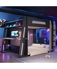 Streamdale Furniture Queen Size Wooden Gaming Bunk Bed with Desk, Usb & Led