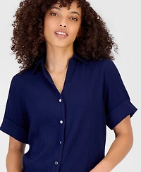 Anne Klein Essentials Petite Short-Sleeve Button-Front Shirt