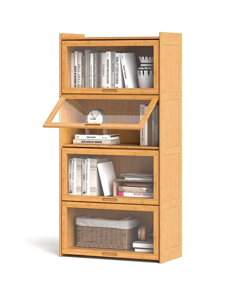 Sugift 4-Tier Bamboo Bookcase with Doors for Study Room Living Room