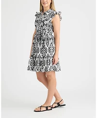 Ellen Tracy Women's Belted Ruffle Sleeve Tiered Dress