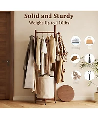 Yigii Solid Wood 9-Hook Coatrack with Wheels & Fabric Basket