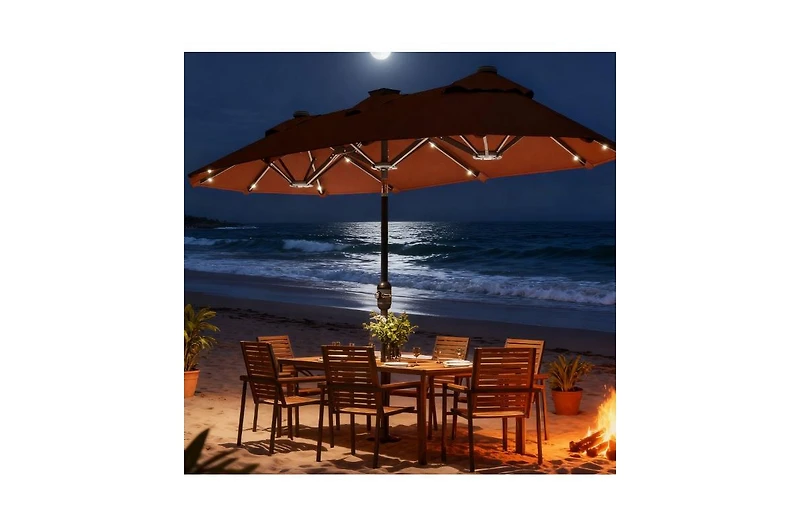Clihome Spacious Outdoor Umbrella,Double-sided Patio Umbrella,with Solar Lights and Base,Dining Table Umbrella Push Button Tilt