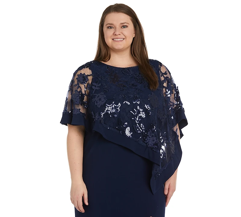 R & M Richards Plus Embroidered Sequin Lace Poncho Gown