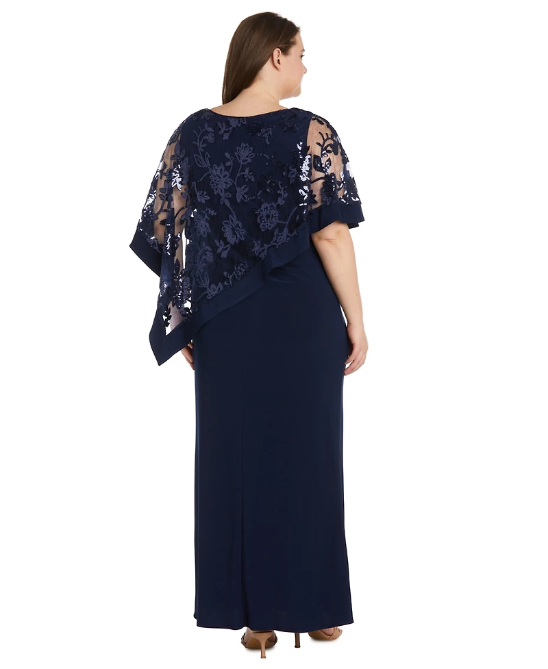 R & M Richards Plus Embroidered Sequin Lace Poncho Gown