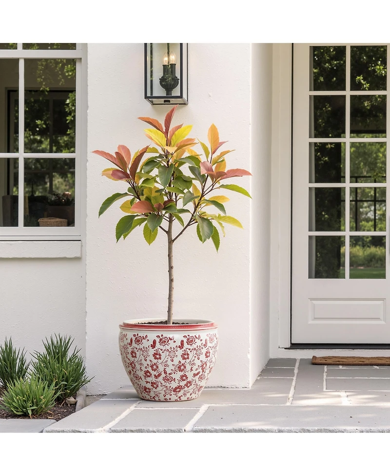 LuxenHome Red Floral Ceramic Planter, 17.1" Round, Indoor & Outdoor Garden Pot