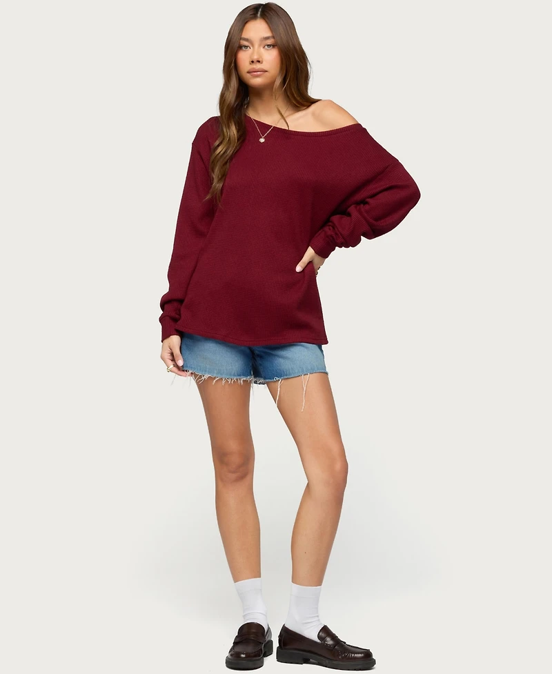 Edikted Women's Damari One Shoulder Oversized Waffle Top