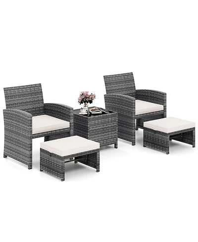 Gymax 5 Pieces Patio Furniture Set Pe Wicker Lounge Chairs w/ 2 Ottomans Outdoor
