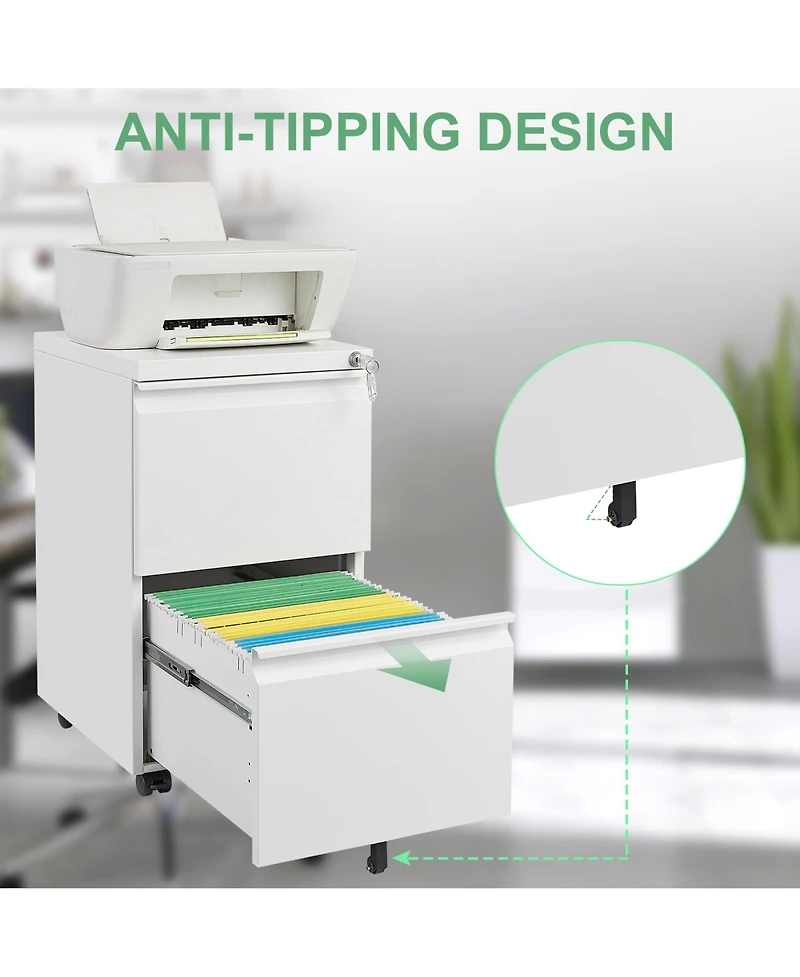 Rainsken 2 Drawer Mobile File Cabinet, Under Desk Filing Cabinet on Wheels, Metal Vertical Storage Cabinet with Lock for Legal/Letter/A4 File