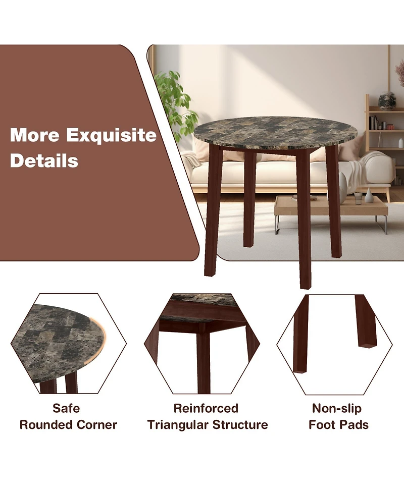 Sugift 35 Inch Round Dining Table with Rubber Wood Legs and Marble-textured Veneer Tabletop