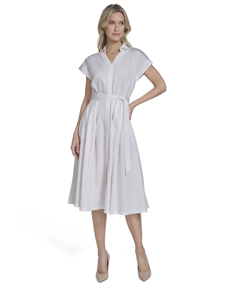 Calvin Klein Women's Belted Cap-Sleeve Collared Midi Shirtdress