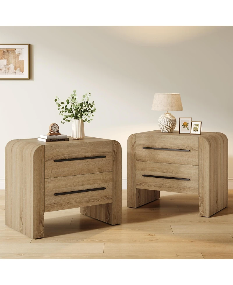 Tribesigns Nightstand with 2 Drawers Set of 2, 27.55" Night Stand with Storage, Modern Curved Bedside Table with Metal Handles.