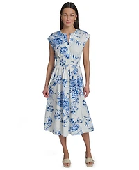 Calvin Klein Women's Floral Smocked V-Neck A-Line Midi Dress