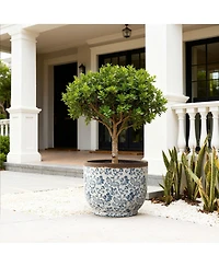 LuxenHome Floral Ceramic Planter, 15.59" Round, Indoor & Outdoor Garden Pot