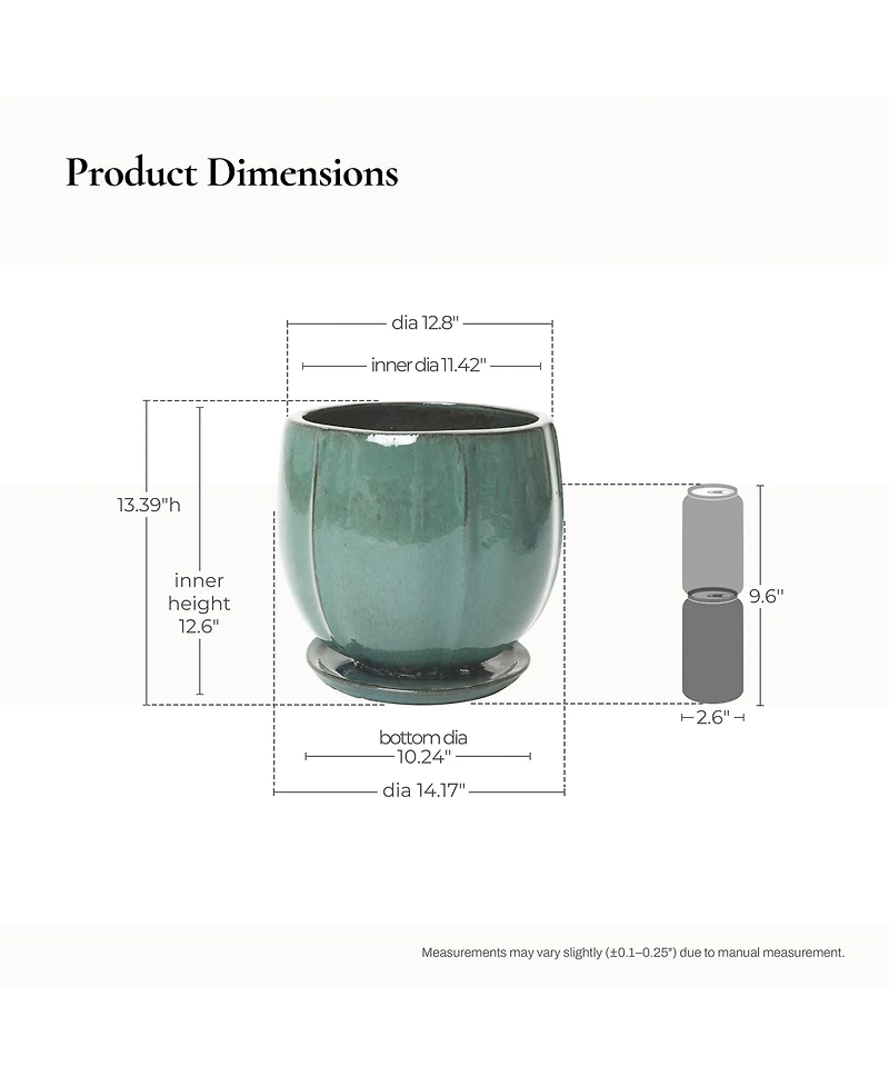 LuxenHome Glossy Gradient Teal Ceramic Planter, 13.4-Inch Tall Ridged Container with Connected Tray