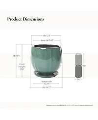 LuxenHome Glossy Gradient Teal Ceramic Planter, 13.4-Inch Tall Ridged Container with Connected Tray