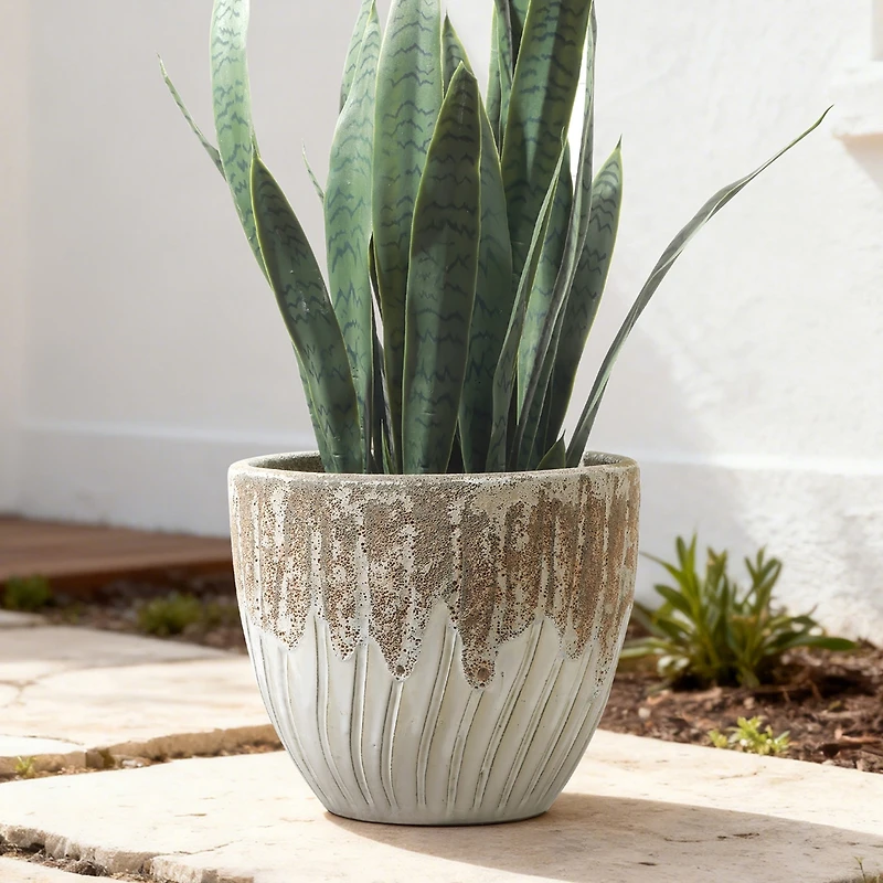 LuxenHome Boho Earth Ceramic Planter, 12” Tall Round Pot with Vertical Grooves & Artisan Texture