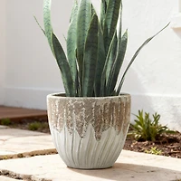LuxenHome Boho Earth Ceramic Planter, 12” Tall Round Pot with Vertical Grooves & Artisan Texture