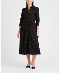 Ellen Tracy Women's Linen Belted Embroidery Detail Shirt Dress