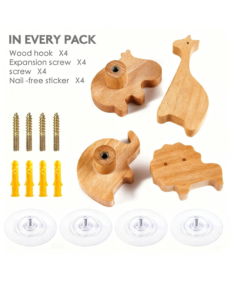 Yigii 4-Piece Cartoon Animal Wooden Coat Hooks for Home Decoration