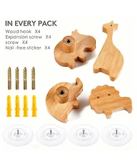 Yigii 4-Piece Cartoon Animal Wooden Coat Hooks for Home Decoration