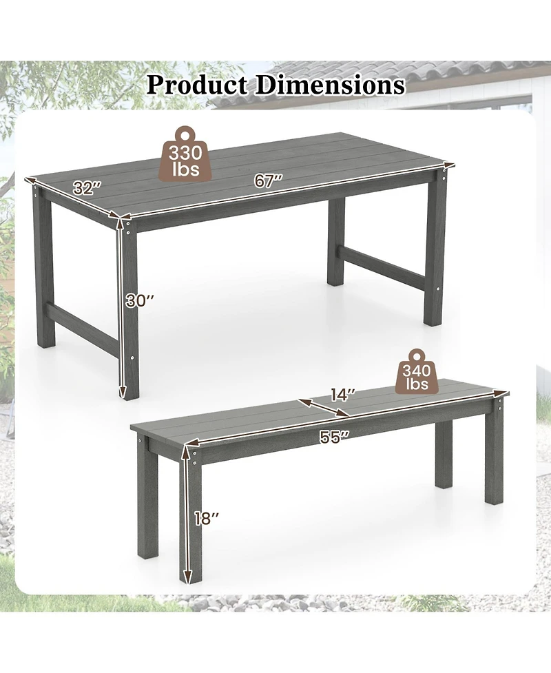 Gymax 3PCS Dining Table Set w/ 2 BenchesPatio Hdpe Weather Resistant Furniture