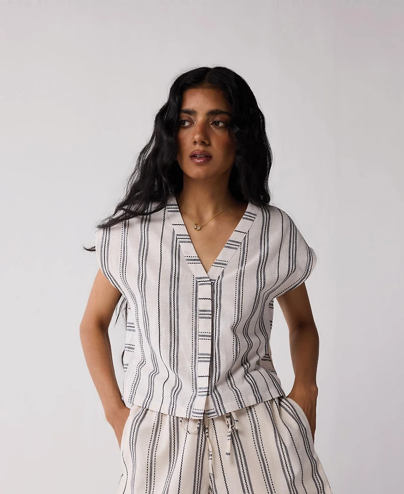 Reistor Women's Relaxed V Neck Striped Top